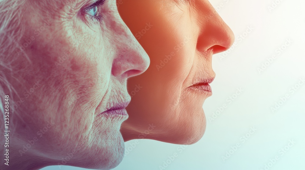 Poster contrast between aging and youthful beauty highlighted through two faces side by side in a soft past