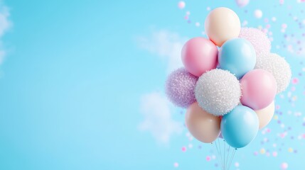 Pastel balloons float, confetti falls, blue sky background; party invitation
