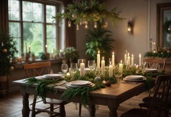 Fototapeta premium Greenery covered dining table with candles and Christmas ornaments, bottle green decor, christmas dinner table