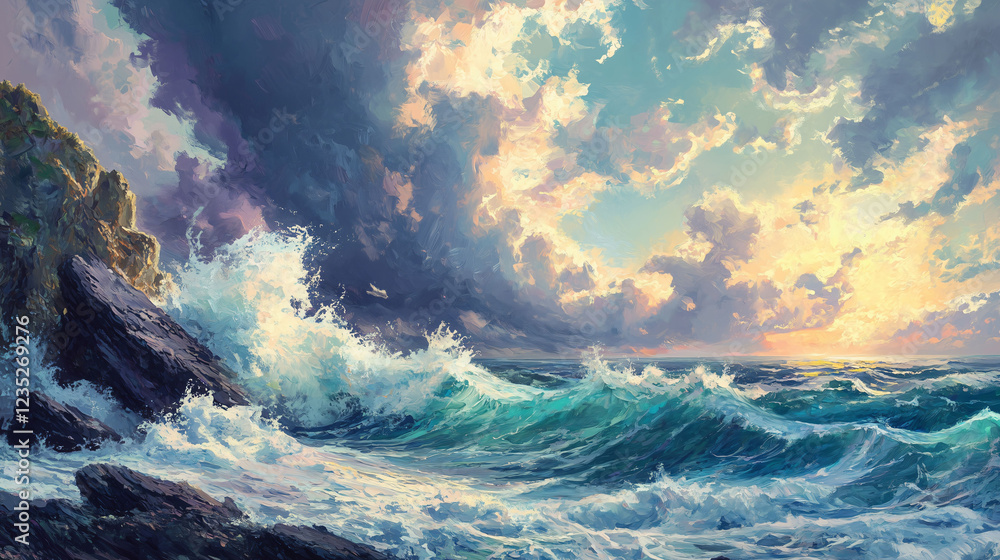 Poster ocean view from a cliff capturing the dynamic waves and dramatic sky at sunset. generative ai