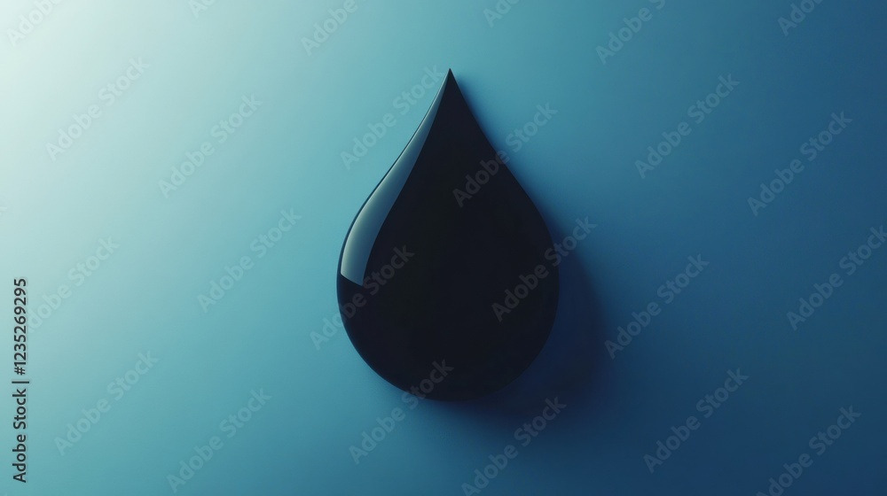 Leinwandbilder Black droplet with smooth surface resting on a blue background during soft lighting conditions. Generative AI