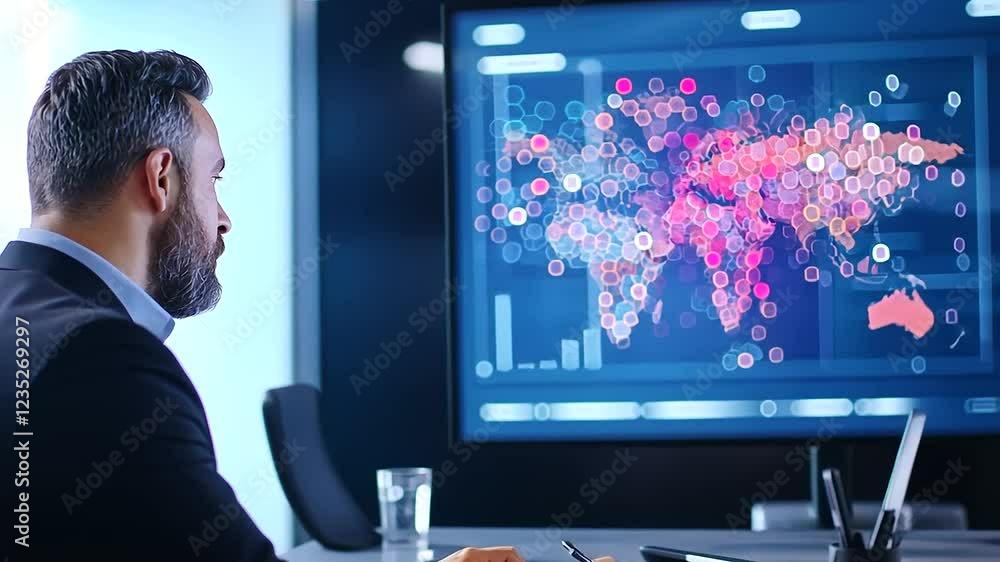 Poster modern boardroom featuring ai-driven data visualizations and real-time updates.