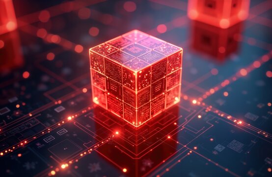 Abstract glowing red cube represents digital data storage, info systems. Network connections radiate from cube on circuit board. Futuristic tech concept. Image shows innovative tech architecture.