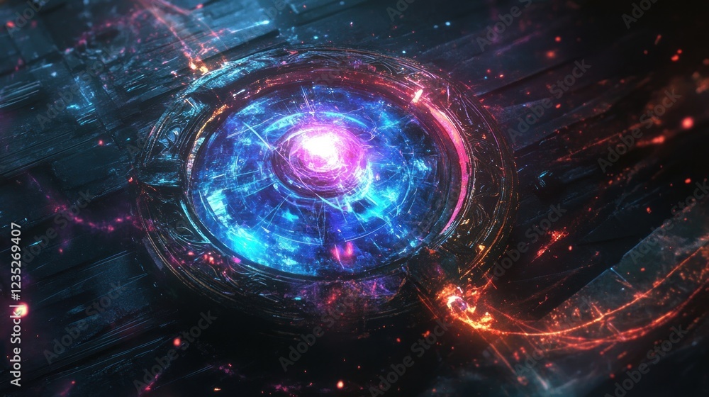Poster glowing orb within ancient metallic circular device