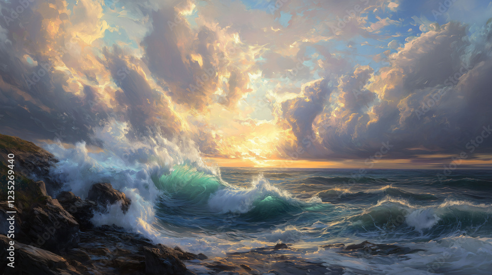 Poster ocean view from a cliff with crashing waves and a dramatic sunset background in vibrant colors. gene