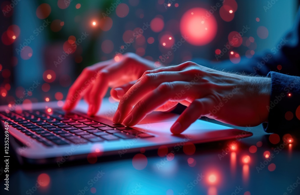 Aufkleber Closeup view of male programmer typing on laptop. Working on project at home office desk. Laptop lit by colorful lights. Image suggests coding, software development, digital design work. Likely