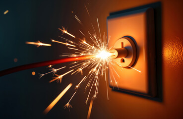 Electrical short circuit sparks fly from power outlet. High voltage current causing sparks. Dangerous electrical hazard. Damaged cable connection. Home office environment. Potential fire risk.