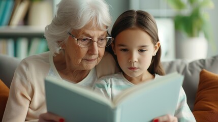 A heartwarming scene of a granddaughter and grandmother sharing smiles while reminiscing over a cherished photo album.