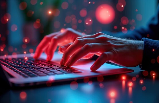 Closeup view of male programmer typing on laptop. Working on project at home office desk. Laptop lit by colorful lights. Image suggests coding, software development, digital design work. Likely