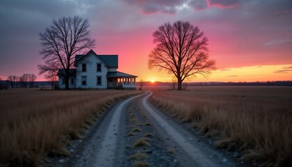 Scenic farmhouse at sunset on rural landscape. Old house stands on field path. Dramatic sky with warm colors. Silhouette of trees add depth. Tranquil and peaceful scene.