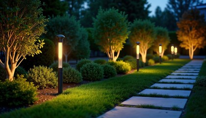 Modern outdoor lighting design for backyard landscape. LED lamps illuminate pathway through green plants. Trees, shrubs beautifully landscaped. Stone pavers create stylish walkway. Evening ambiance