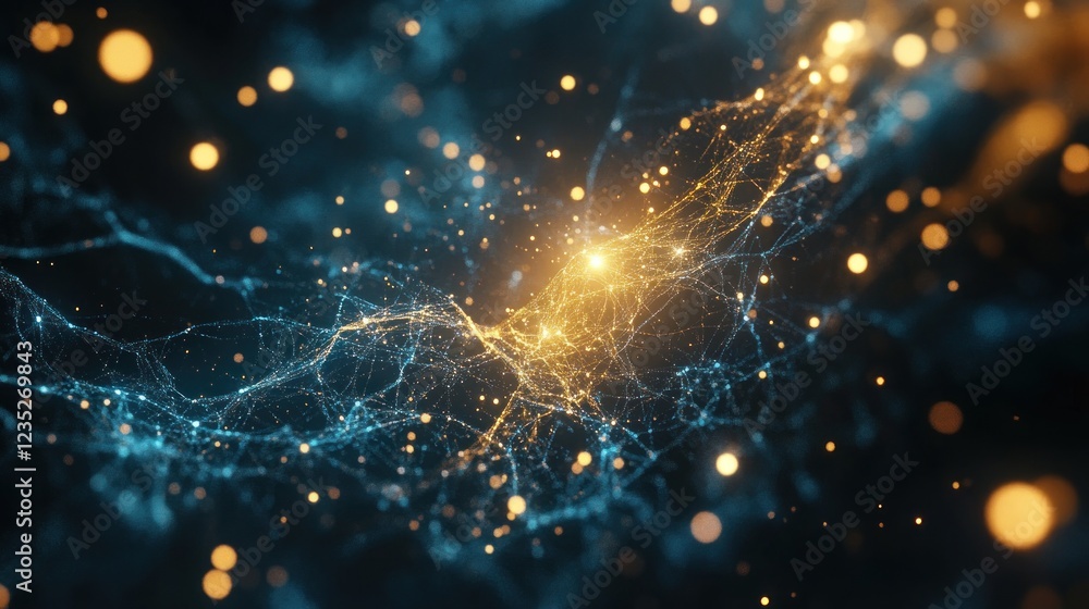 Poster abstract blue and gold particle network design