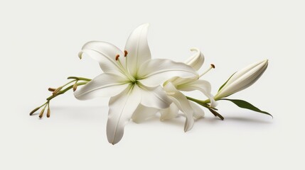 Fototapeta premium A stunning white lily flower, symbolizing purity, stands elegantly against a white background, capturing natures beauty.