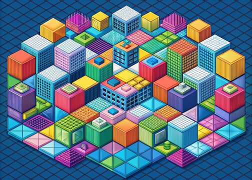 Colorful Isometric Grid Design with Geometric Shapes and Cubes