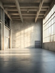 Simple spacious concrete warehouse garage interior. Space and design concept. 3D Rendering