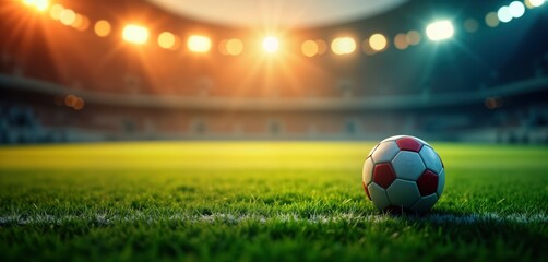 Fototapeta premium Vibrant soccer stadium setting. Soccer ball on green grass. Lights illuminate field. Outdoor sport image. Lively activity. Sporty atmosphere. Dynamic scene. Great for soccer themed publications.
