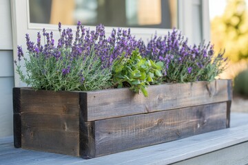 Lavender and mint plants in a wooden planter box