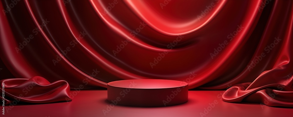 Poster Red silk drapes elegantly around circular podium. Modern abstract design creates luxurious presentation scene. Empty platform ideal for products cosmetics. Studio backdrop. 3d render offers