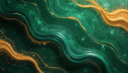 Obraz premium Luxurious abstract background features dark emerald green marble swirls with gold powder textures. Intricate marbling design creates luxurious feel. Ideal for wallpaper home decor. Striking image
