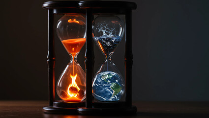 A unique two hourglass with elements of fire, water, gold and soft black light sparkling outside the hourglass 99