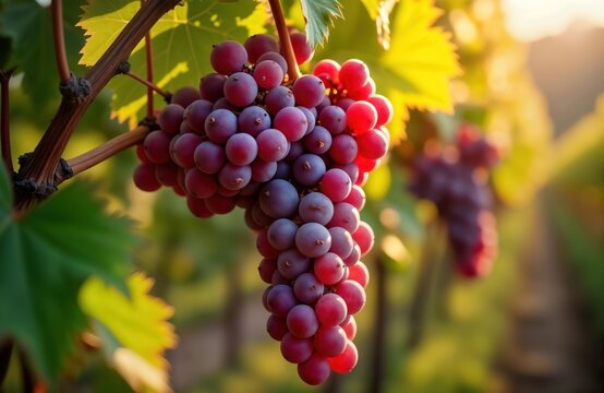 Close up view of ripe red grapes hanging on vine in vineyard. Sunlight shines on purple grape bunches. Autumn harvest in sunny garden. Fresh organic fruit ready for picking. Natural agriculture.