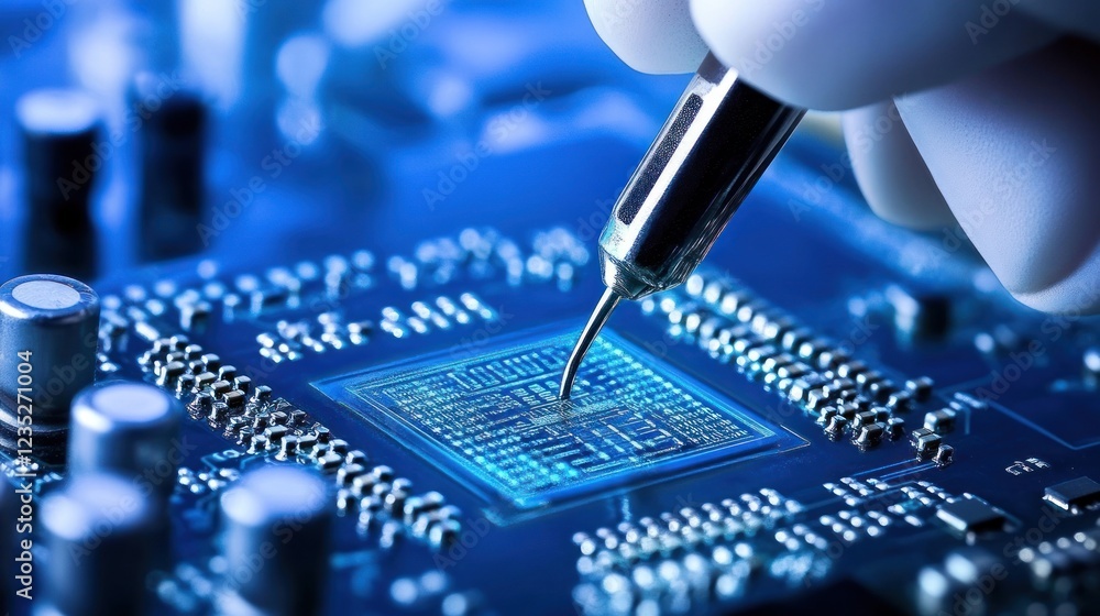 Poster Gloved Hand Precisely Aligning Microchip On Circuit Board