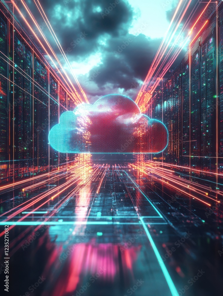 Poster A futuristic digital image of cloud data storage infrastructure with neon lights, representing the dynamic flow of data in cloud computing systems