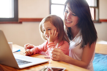 Remote work, child and woman with laptop, house and smile for bonding with daughter, online or family. Happy, kid and parent with project for virtual job, writer and planning for deadline in home