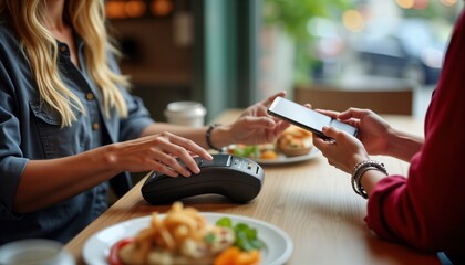 Woman waiter accepts contactless payment from customer using smartphone at cafe table. Modern tech payment method. Food, drinks on table. Casual restaurant setting. Digital transaction. Quick, easy