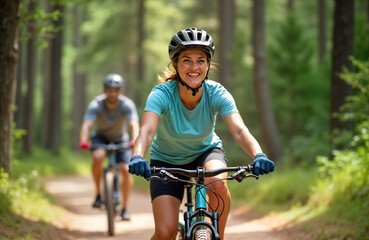 Couple enjoys sunny day mountain biking on forest trail. They ride bikes together in nature. Woman smiles. Active lifestyle and outdoor recreation. Couple looks happy. Summer day in the forest.