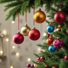 Naklejka premium Hanging colorful baubles with Christmas tree ornaments and festive flowers, season, tree