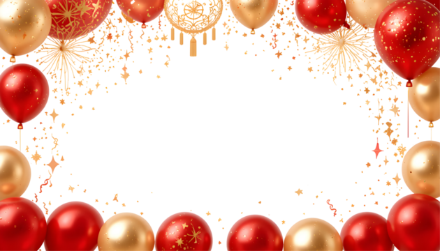 Elegant Red Gold Balloons Festive Party Celebration Design Background Sparkling Confetti Holiday New Year Birthday Anniversary Template Graphic shiny 