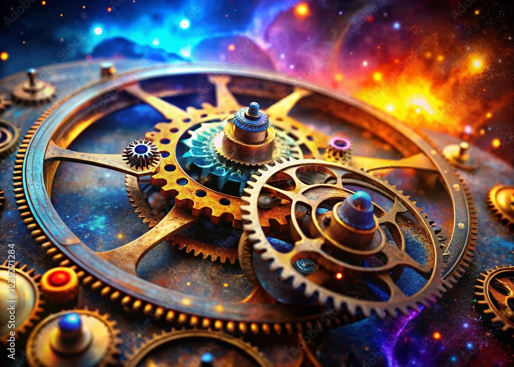 Poster cosmic clockwork: macro abstract of time and space