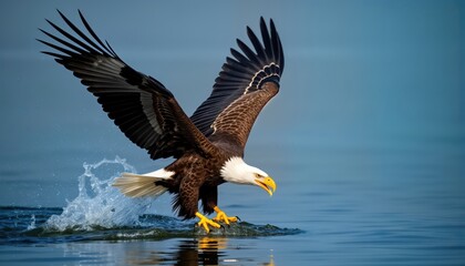 Fototapeta premium Bald eagle dives into water to catch fish. Powerful bird of prey in action. Wildlife scene shows eagle hunting skills. Nature scene with flying eagle, splashing water. Majestic eagle in flight. Bird