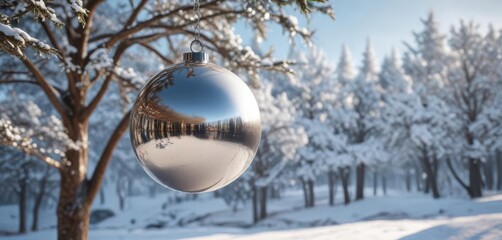 Hanging metallic sphere ornament in a winter wonderland setting,  snowflakes,  wonderland