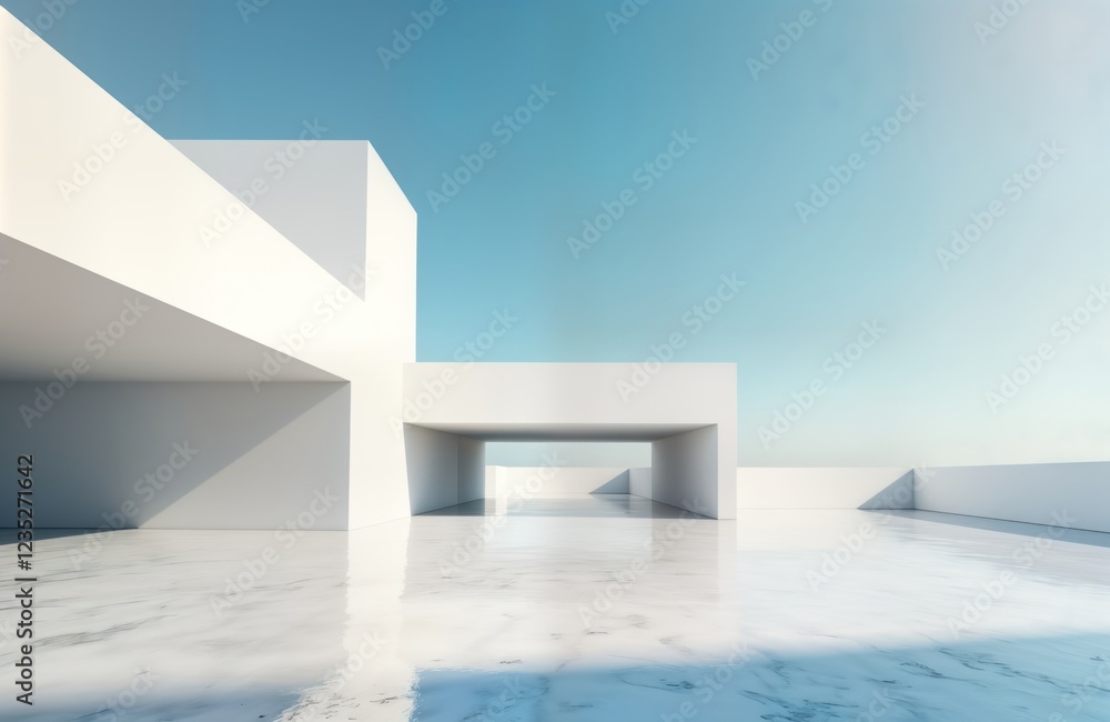 Aufkleber empty white minimalist architecture building exterior with wide open space. modern design. marble fl