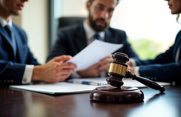 Lawyers in business suits meet in office. Discuss contracts, complaints. Gavel sits on table. Legal consultation. Professionals look at documents during meeting. Attorneys serious discussion about