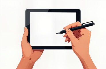 Hands hold digital tablet, write on screen with stylus. Person uses tech device for digital note taking design work. Tech illustration for business educational purposes. Modern tech tools. Simple,
