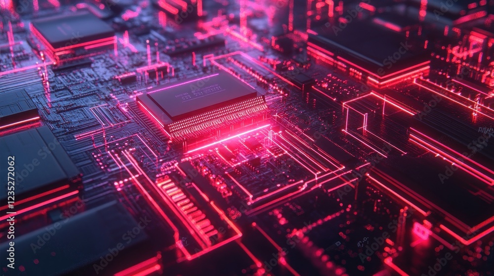 Poster Neon Illuminated Computer Circuit Board Central Processing Unit
