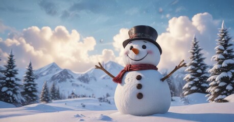 Obraz premium happy snowman in winter wonderland with fluffy clouds and snowflakes, frosty scene, fluffy clouds