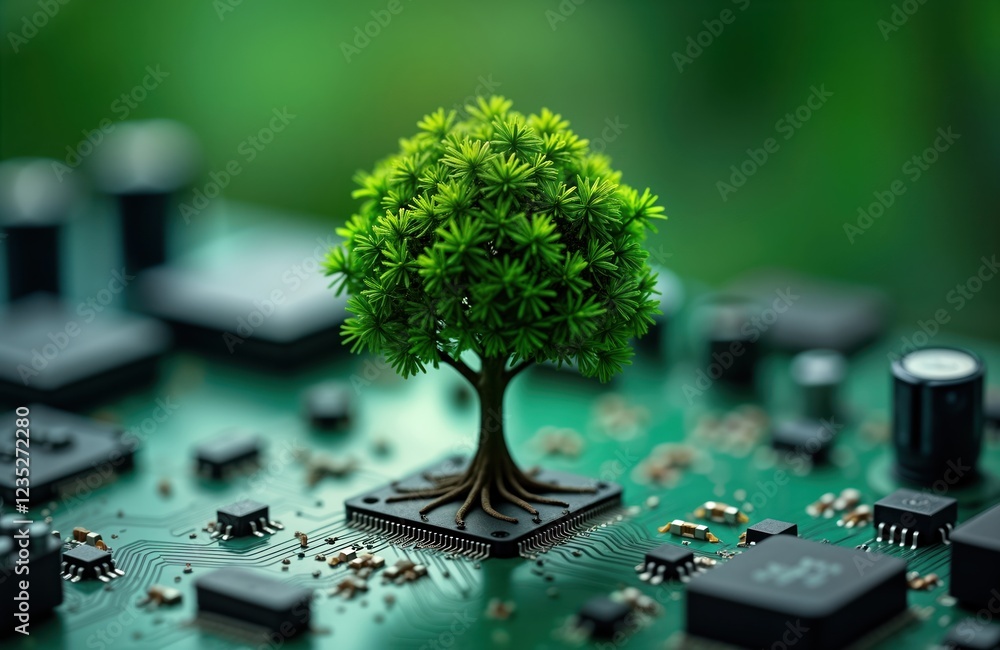 Leinwandbilder eco friendly tech concept. small tree growing on computer circuit board. concept of green tech, sust