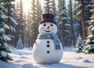 Obraz premium Happy snowman surrounded by snowflakes and pine trees in a winter wonderland, peaceful scenery, calming scene