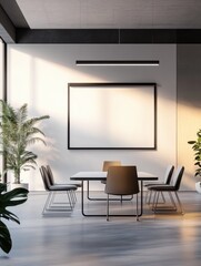 Light designer meeting room interior with furniture, empty mock up presentation frame and daylight. 3D Rendering