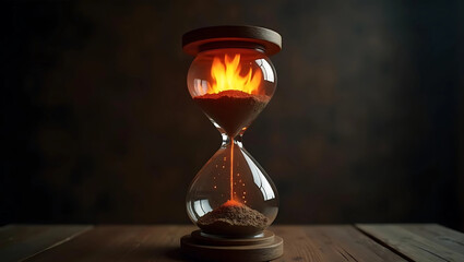 A unique  hourglass with elements of fire and soft black light sparkling outside the hourglass 01