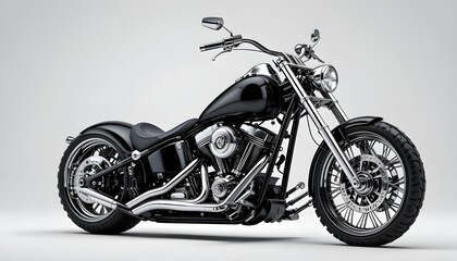 Obraz premium A black custom motorcycle is centered in the image against a plain white background. The motorcycle is a chrome-detailed chopper-style bike, with a sleek design and powerful engine. 