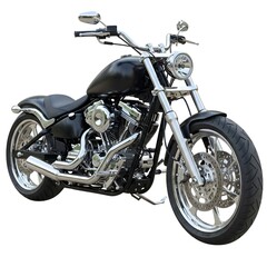 A black custom motorcycle is centered in the image against a plain white background. The motorcycle is a chrome-detailed chopper-style bike, with a sleek design and powerful engine.  