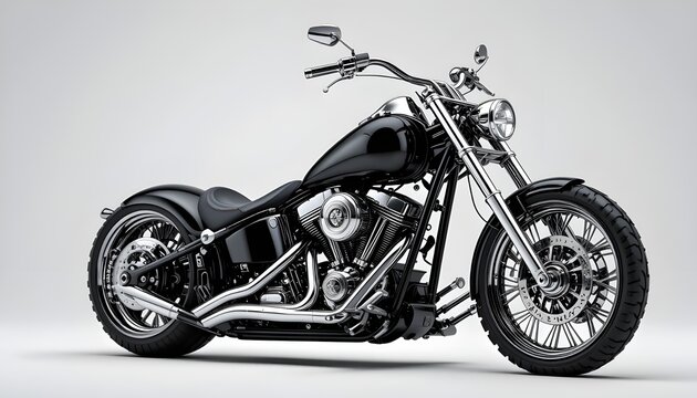 A black custom motorcycle is centered in the image against a plain white background. The motorcycle is a chrome-detailed chopper-style bike, with a sleek design and powerful engine.  