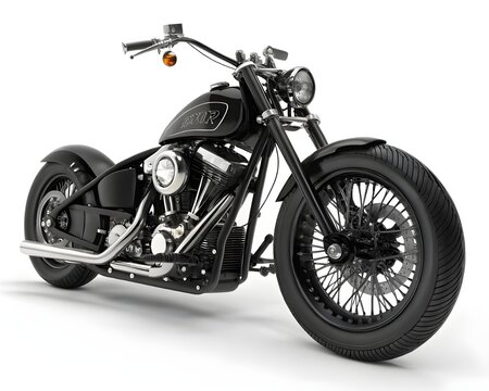 A black custom motorcycle is centered in the image against a plain white background. The motorcycle is a chrome-detailed chopper-style bike, with a sleek design and powerful engine.  