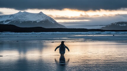 Solitary Penguin Walking Towards A Majestic Mountain Range