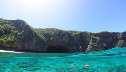 Fototapeta premium A tropical island with green cliffs rising above the turquoise sea, creating a stunning paradise surrounded by clear water and white sandy beaches.
